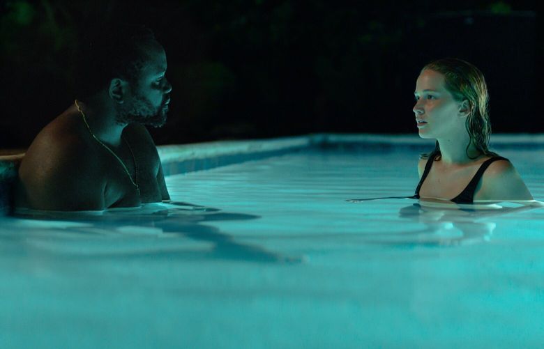 Brian Tyree Henry, left, and Jennifer Lawrence in “Causeway.” (Courtesy of Apple TV+)