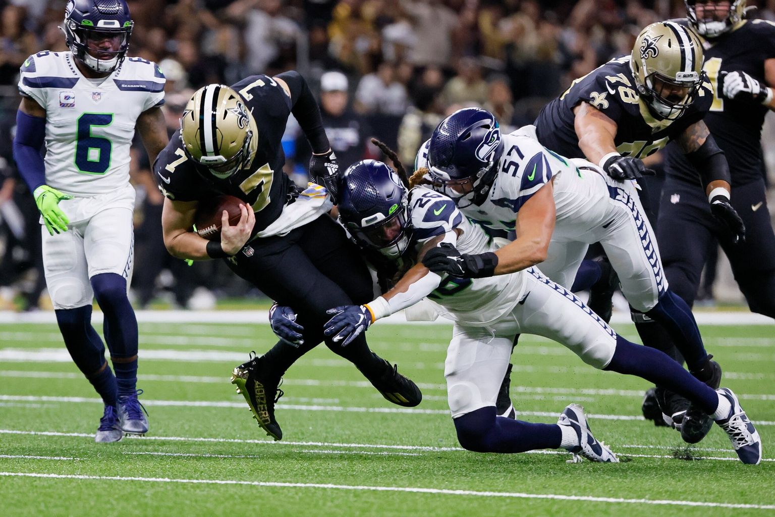 Seattle Seahawks linebacker Cody Barton (57) lines up for play during the  second half of an