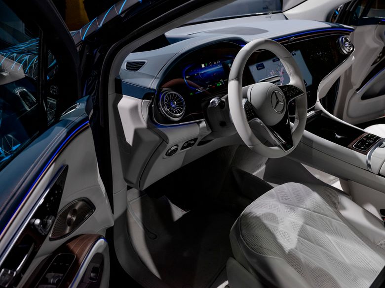 The interior of a demo model of the new Mercedes EQS SUV is displayed at a Mercedes-Benz battery factory in Woodstock, Ala., on March 15. (David Walter Banks / The New York Times)