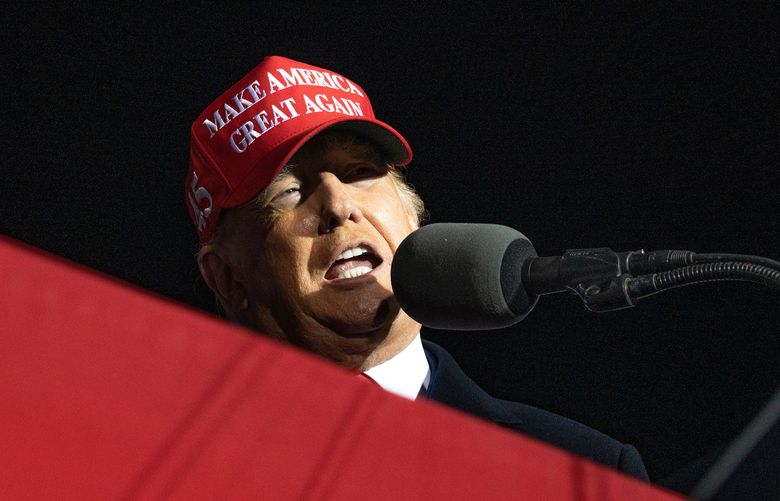 Former President Donald Trump speaks during a Save America rally at the Banks County Dragway on March 26, 2022, in Commerce, Georgia.