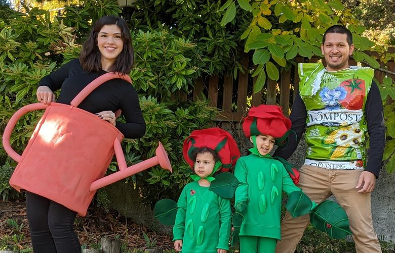 From left: Esther Ansari, daughters Ava (2) and Lyla (5), and her husband, Arsalan, dressed for Halloween in a garden theme.