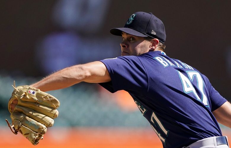 Seattle Mariners relief pitcher Matt Brash throws during the seventh inning of a baseball game against the Detroit Tigers, Thursday, Sept. 1, 2022, in Detroit. (AP Photo/Carlos Osorio)