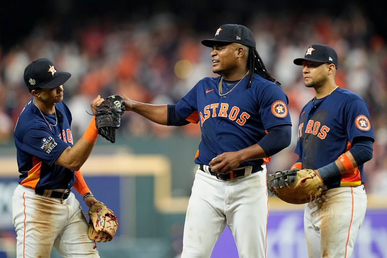 Framber Valdez of the Houston Astros makes his way to the dugout