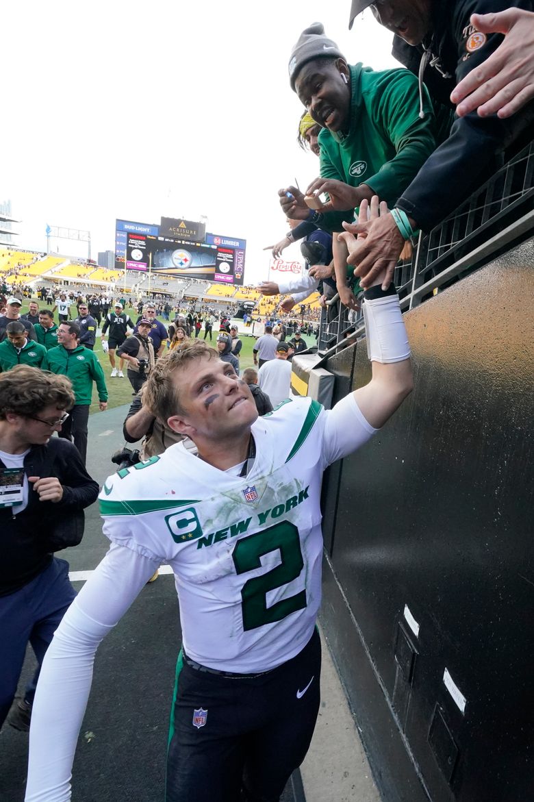 New York Jets quarterback Zach Wilson (2) looks to pass against the  Pittsburgh Steelers during the second half of an NFL football game, Sunday,  Oct. 2, 2022, in Pittsburgh. (AP Photo/Don Wright