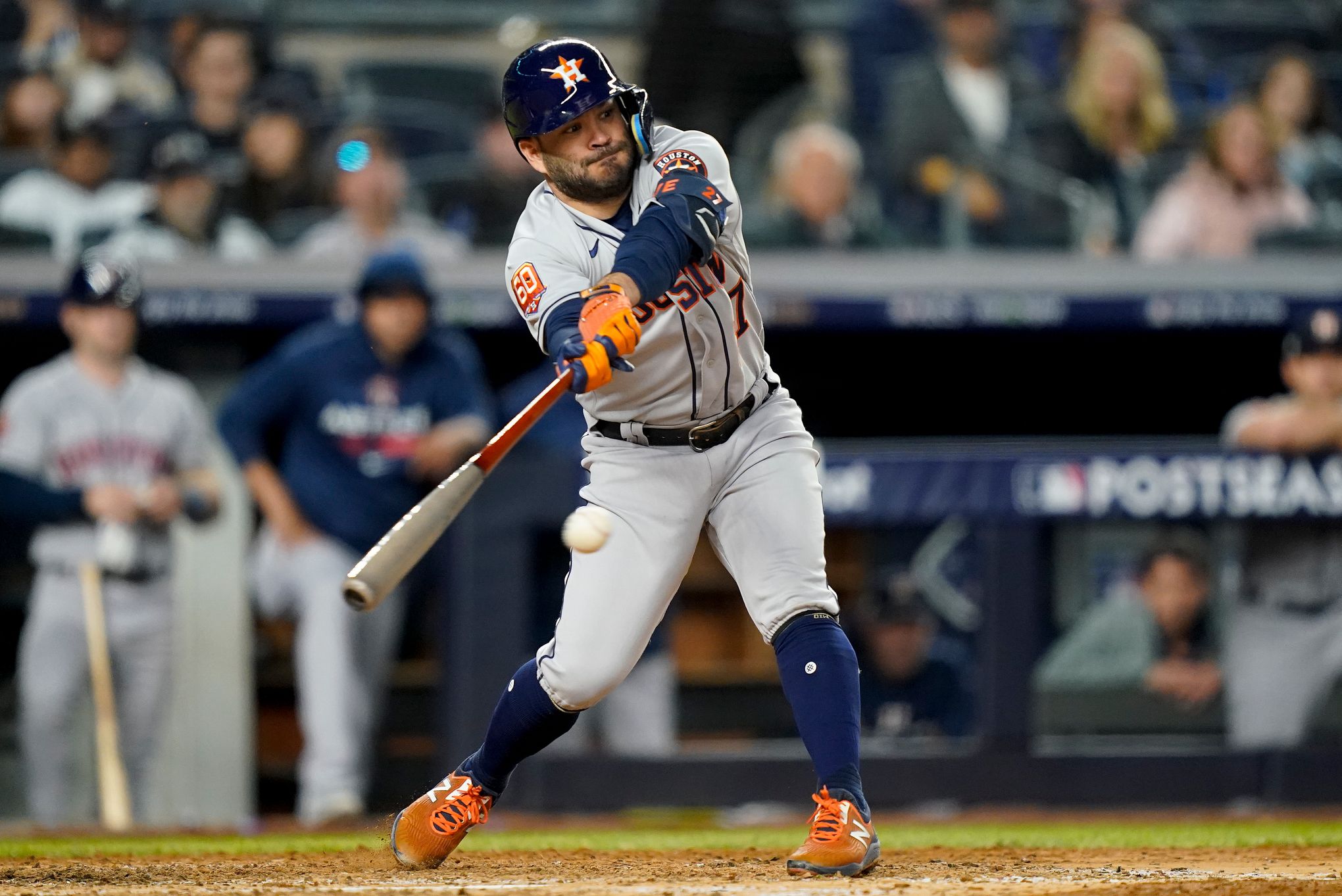 May 7 2022: Houston second baseman Jose Altuve (27) gets a hit during the  game with