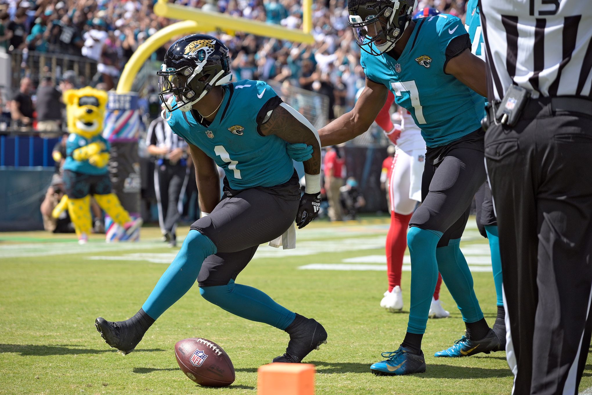 Jacksonville Jaguars tight ends Josh Pederson (49), left, and