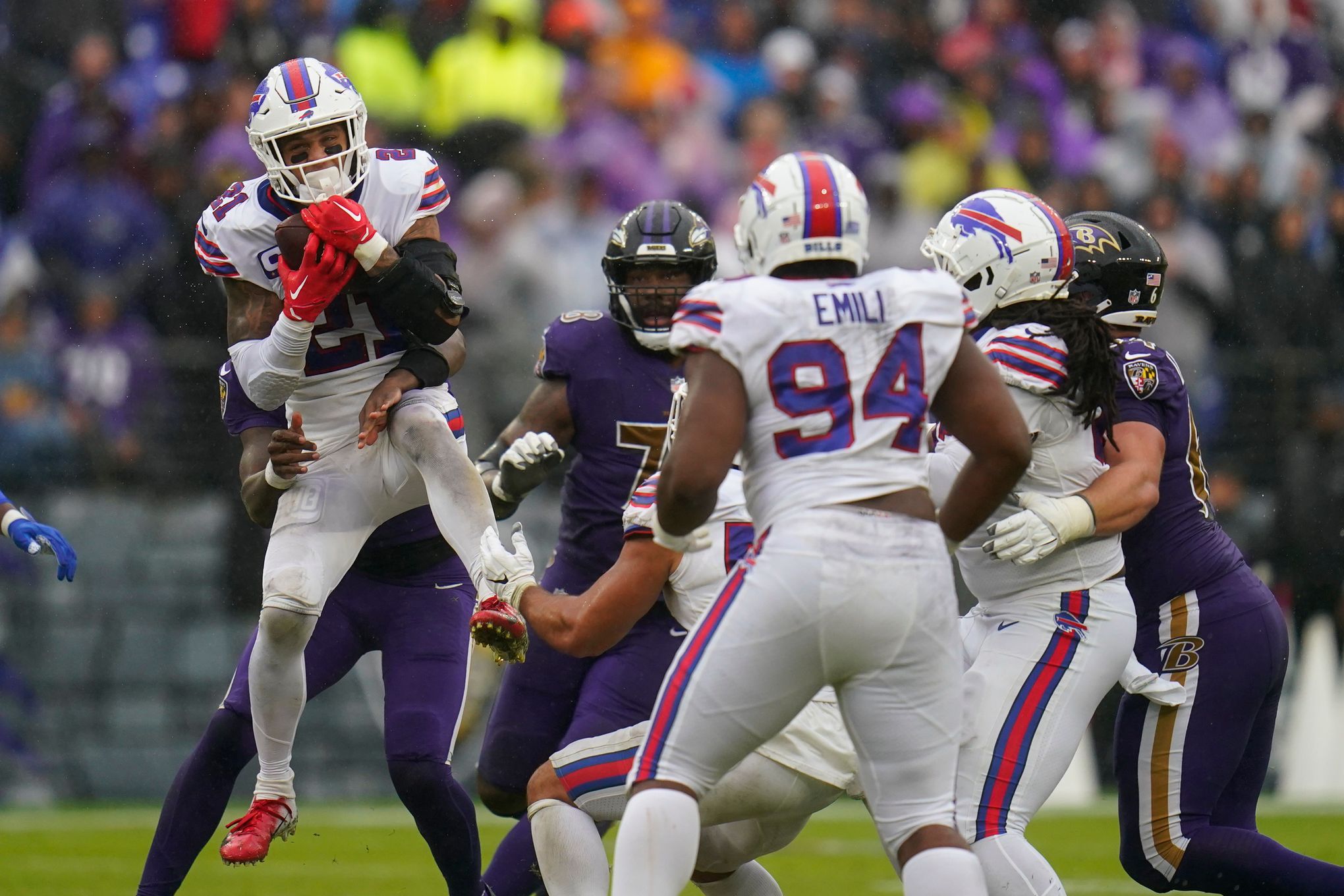 Buffalo Bills Micah Hyde, Jordan Poyer and Tremaine Edmunds