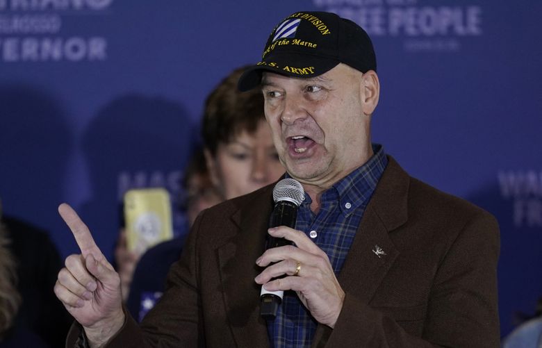 Pennsylvania Republican gubernatorial candidate Doug Mastriano speaks during his election night campaign gathering at the Penn Harris Hotel in Camp Hill, Pa., Tuesday, Nov. 8, 2022. Democrat Josh Shapiro won the race for governor of Pennsylvania. (AP Photo/Carolyn Kaster) PACK136 PACK136 (Carolyn Kaster / The Associated Press)