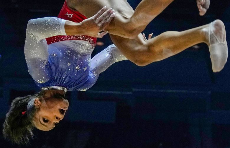 Shilese Jones of the U.S. competes on the floor exercise at the Women’s Team Final during the Artistic Gymnastics World Championships at M&S Bank Arena in Liverpool, England, Tuesday, Nov. 1, 2022. (AP Photo/Thanassis Stavrakis) XPAG157