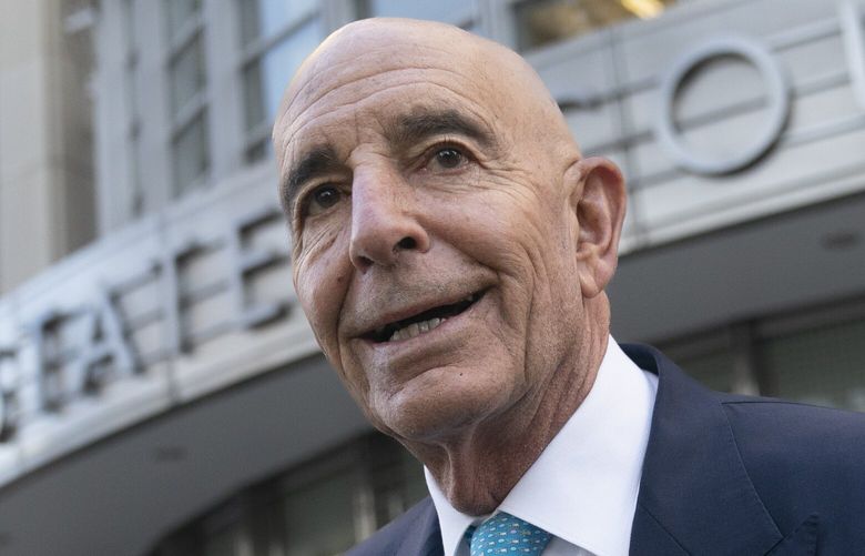 FILE – Tom Barrack leaves Brooklyn Federal Court, Wednesday, Nov. 2, 2022, in the Brooklyn borough of New York. Barrack, a Donald Trump loyalist was acquitted at a federal trail where he was accused of using his personal access to the former Republican president to secretly promote the interests of the United Arab Emirates.. (AP Photo/John Minchillo, File) NYJJ101 NYJJ101