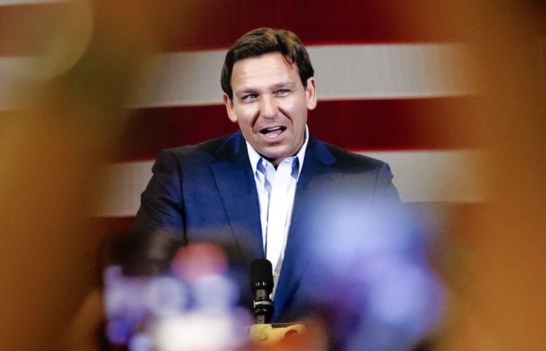 Gov. Ron DeSantis speaks at a campaign event in Coconut Creek, Fla. on Friday, Nov. 4, 2022. The episodes that former students describe about the year DeSantis taught at a private school in northwest Georgia offer a window into the formative years of one of the most polarizing figures in American politics. (Scott McIntyre/The New York Times) XNYT4 XNYT4