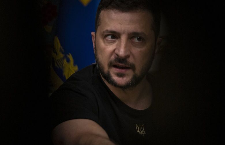 Ukrainian President Volodymyr Zelensky during an interview with The Washington Post at his office in Kyiv, Ukraine, on August 8, 2022. MUST CREDIT: Photo for The Washington Post by Heidi Levine.