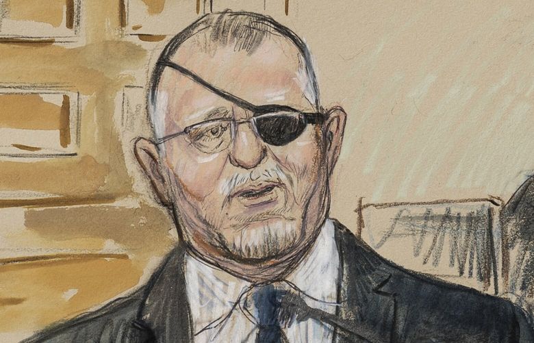 This artist sketch depicts the trial of Oath Keepers leader Stewart Rhodes, left, as he testifies before U.S. District Judge Amit Mehta on charges of seditious conspiracy in the Jan. 6, 2021, Capitol attack, in Washington, Monday, Nov. 7, 2022. Rhodes is on trial with four others for what prosecutors have alleged was a plan to stage an armed rebellion to stop the transfer of presidential power. (Dana Verkouteren via AP) WX102 WX102