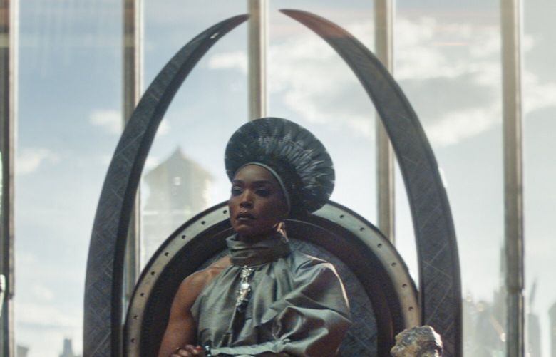 Dorothy Steel as Merchant Tribe Elder, from left, Florence Kasumba as Ayo, Angela Bassett as Ramonda, Danai Gurira as Okoye in “Black Panther: Wakanda Forever.”