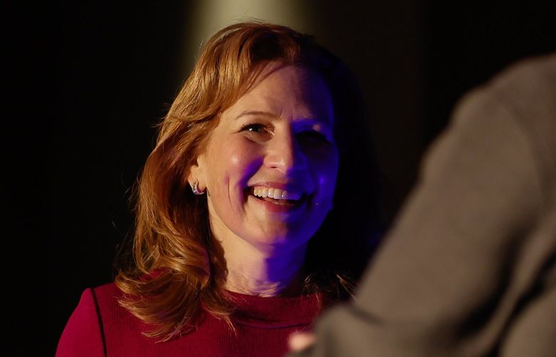 8th District Congresswoman Kim Schrier addresses gathered supporters at the Democratic party on Tuesday, Nov. 8, 2022 in Bellevue, Wash. 222129