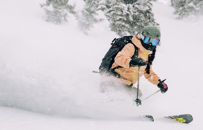 Pro skier/coffee scientist Krystin Norman scores a powder day in the Southback zone at Crystal Mountain in March 2020.