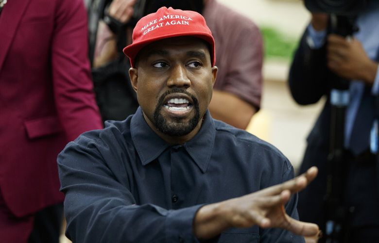 FILE – Rapper Kanye West speaks during a meeting in the Oval Office of the White House with President Donald Trump, Thursday, Oct. 11, 2018, in Washington. Kanye West was escorted out of the California headquarters of athletic shoemaker Skechers Wednesday, Oct. 26, 2022 after he showed up unannounced. Skechers says West, also known as Ye, also engaged in unauthorized filming at its corporate headquarters in Manhattan Beach and was escorted out by two executives. (AP Photo/Evan Vucci, File) LA309 LA309