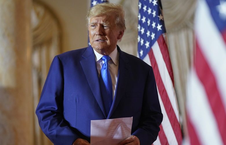 FILE – Former President Donald Trump arrives to speak at Mar-a-lago on Election Day, Nov. 8, 2022, in Palm Beach, Fla. Trump is preparing to launch his third campaign for the White House with an announcement Tuesday night, Nov. 15. (AP Photo/Andrew Harnik, File) WX202 WX202
