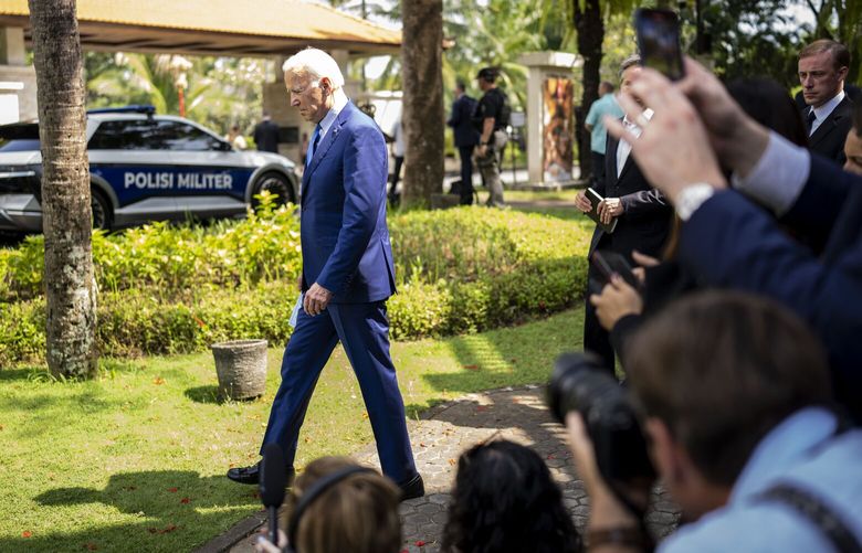 President Joe Biden arrives to speak to reporters after a meeting of G7 and NATO leaders in Bali, Indonesia, Wednesday, Nov. 16, 2022. (Doug Mills/The New York Times via AP, Pool) NYNYT522 NYNYT522