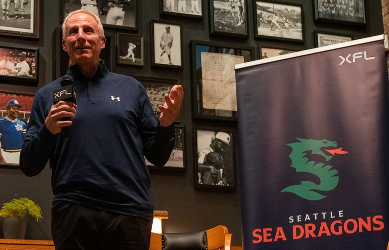 Sea Dragons Coach Jim Haslett discusses the upcoming season during a town hall with fans at Hatback Bar & Grill on Wednesday, Nov. 9, 2022.