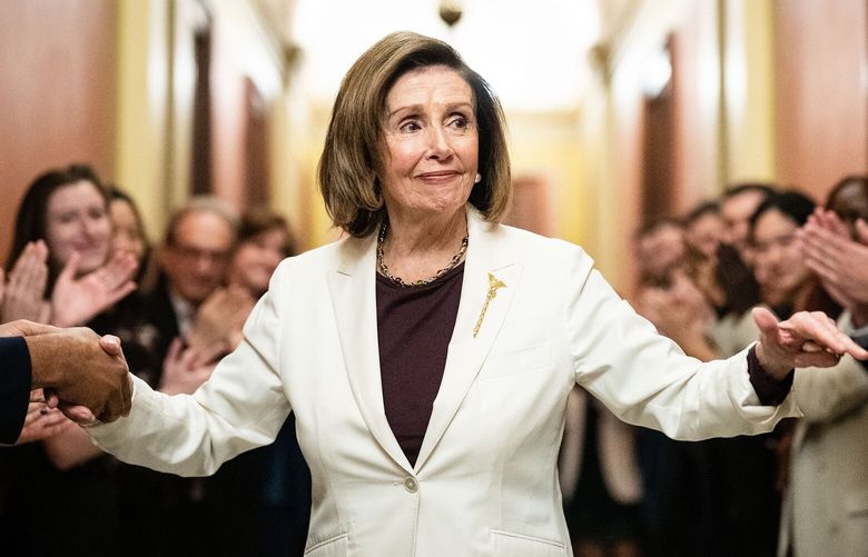 House Speaker Nancy Pelosi (D-Calif.) is greeted by staff after she announced that she would step down from her leadership position, on Capitol Hill in Washington on Thursday, Nov. 17, 2022. (Erin Schaff/The New York Times) XNYT159 XNYT159