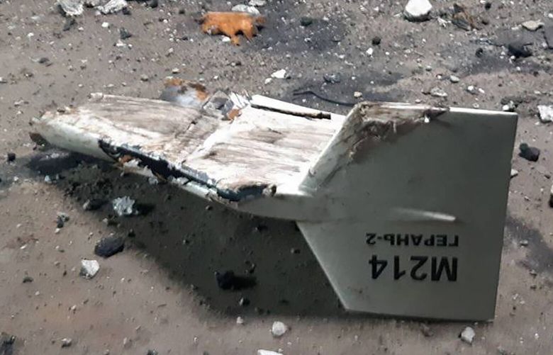 FILE – This undated photograph released by the Ukrainian military’s Strategic Communications Directorate shows the wreckage of what Kyiv has described as an Iranian Shahed drone downed near Kupiansk, Ukraine. The U.S. is imposing sanctions on firms and entities accused of being involved in the transfer of Iranian drones to Russia for use in Vladimir Putin’s ongoing invasion of Ukraine. (Ukrainian military’s Strategic Communications Directorate via AP, File) WX112 WX112