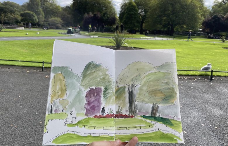 This sketch shows gardeners removing seasonal flowers at St Stephen’s Green, in Dublin, Ireland, earlier this fall.