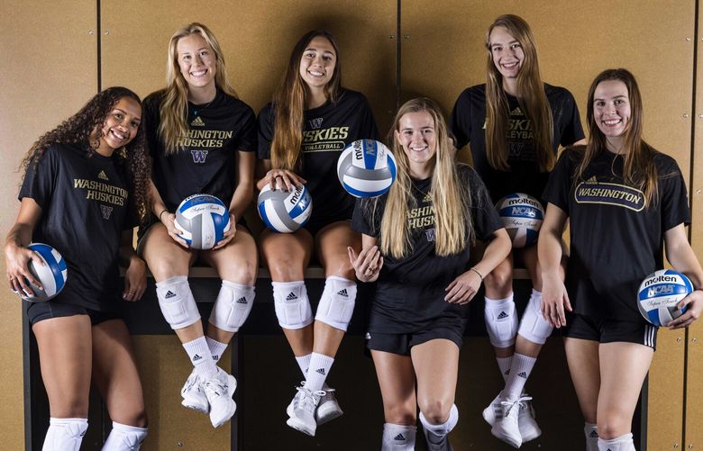 From left, UW seniors Dani Cole, Sianna Houghton, Shannon Crenshaw, Ella May Powell, Marin Grote and Claire Hoffman are photographed at Alaska Airlines Arena Thursday, Nov. 17, 2022 
