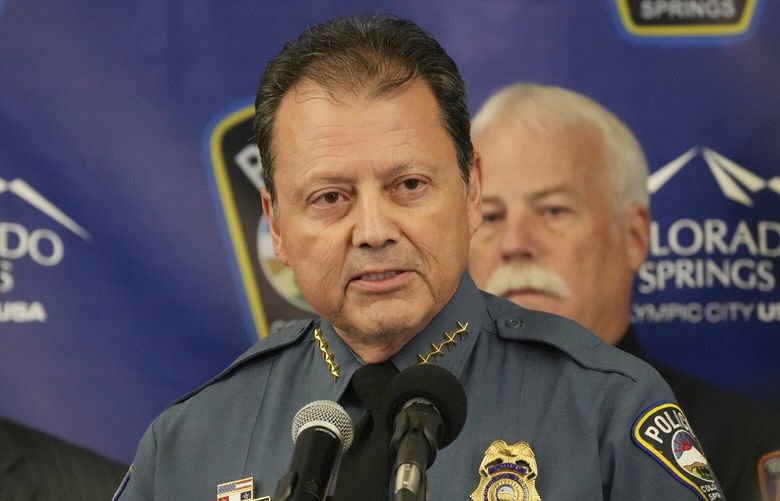 Adrian Vasquez, chief of the Colorado Springs, Colo., Police Department, speaks during a news conference about the mass shooting at a gay bar, Monday, Nov. 21, 2022, in Colorado Springs, Colo. (AP Photo/David Zalubowski) CODZ133 CODZ133