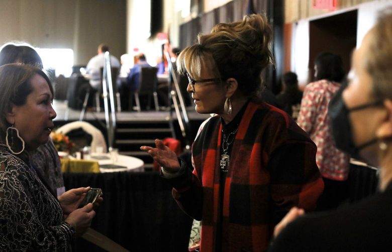 FILE — Former Gov. Sarah Palin (R-Alaska) appears at a candidates’ forum in Anchorage, Alaska on Oct. 21, 2022. She was defeated in the race for Alaska’s lone House seat by Mary Peltola, a Democrat. (Brian Adams/The New York Times) XNYT191 XNYT191