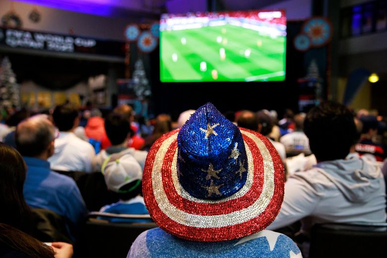 Susan Cole, of Stanwood, Wash, attends the Seattle Sounders’ watch party for Monday’s US men’s national team World Cup game versus Wales in Seattle Monday, Nov. 21, 2022. (Erika Schultz / The Seattle Times)