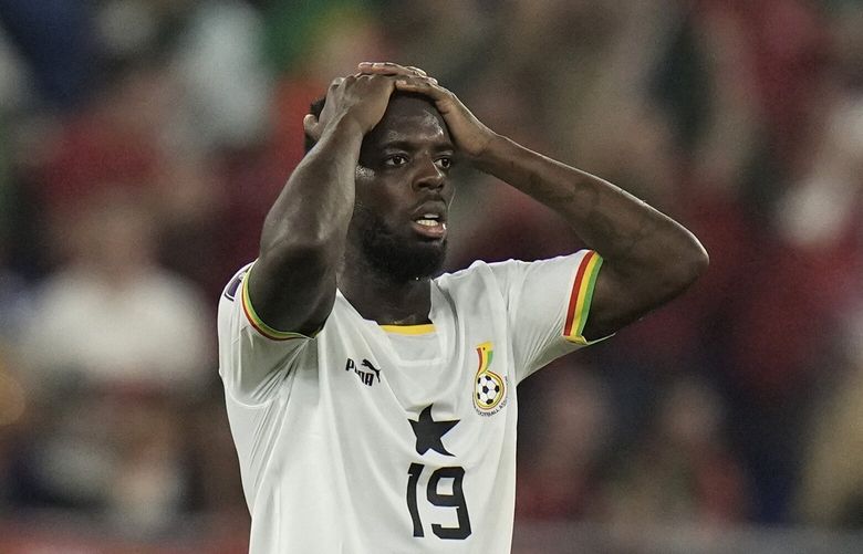 Ghana’s Inaki Williams gestures at the end of the World Cup group H soccer match between Portugal and Ghana, at the Stadium 974 in Doha, Qatar, Thursday, Nov. 24, 2022. (AP Photo/Hassan Ammar) XLB178 XLB178