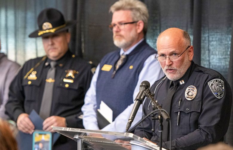 Moscow Police Capt. Roger Lanier speaks at a press conference, on Wednesday, Nov. 23, 2022, in Moscow, Idaho, about a quadruple homicide investigation involving four University of Idaho students. Ten days after four students were stabbed to death in their rooms, police said Wednesday they still have not identified a suspect or found a murder weapon, and they continued asking for tips and surveillance video. (Zach Wilkinson/The Moscow-Pullman Daily News via AP) IDMOS302