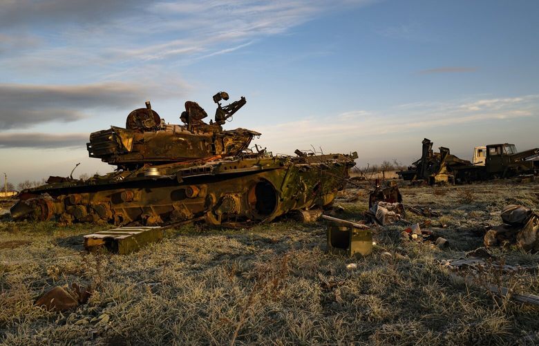 The wreckage of Russian military vehicles at the Kherson International Airport in Chornobajivka, a suburb of Kherson, Ukraine, on Wednesday, Nov. 23, 2022. (Lynsey Addario/The New York Times) – NO SALES – XNYT13 XNYT13