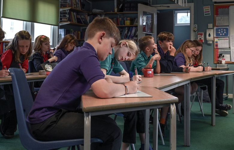 Aalin Clague leads a class in the Manx language at Bunscoill Ghaelgagh, a school in St. John’s on the Isle of Man, on Sept. 7, 2022. After being on the brink of extinction, Manx is experiencing a revival on the Isle of Man, thanks in part to the elementary school and some impassioned parents. (Mary Turner/The New York Times) (MARY TURNER / NYT)