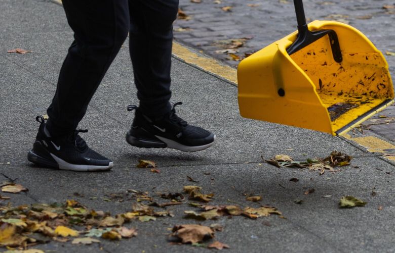 Leaves are swept up as temperatures drop in downtown Seattle, Sunday, Nov. 6, 2022.