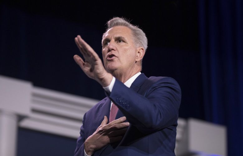 FILE — Rep. Kevin McCarthy (R-Calif) speaks at the Republican Jewish Coalition at the Venetian Resort and Casino in Las Vegas, on Nov. 19, 2022. The aspiring Republican House speaker disavowed the prominent white nationalist Nick Fuentes and his ideology, but declined to directly criticize former President Donald Trump for meeting with him. (Mikayla Whitmore/The New York Times) XNYT136 XNYT136
