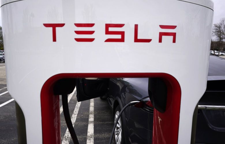 FILE – Tesla Supercharger is seen at Willow Festival shopping plaza parking lot in Northbrook, Ill., on May 5, 2022. New electric vehicle models from multiple automakers are starting to chip away at Tesla’s dominance of the U.S. EV market, according to national vehicle registration data. (AP Photo/Nam Y. Huh, File) NYSS208 NYSS208