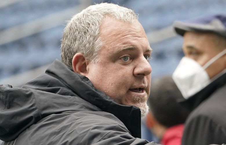FILE – Garth Lagerwey, then-general manager of the Seattle Sounders soccer team, gestures during training Tuesday, May 3, 2022, in Seattle. Former Seattle Sounders executive Garth Lagerwey was named on Tuesday, Nov. 22, 2022, to succeed Darren Eales as Atlanta United’s president and chief executive officer.(AP Photo/Ted S. Warren, File) NY163 NY163