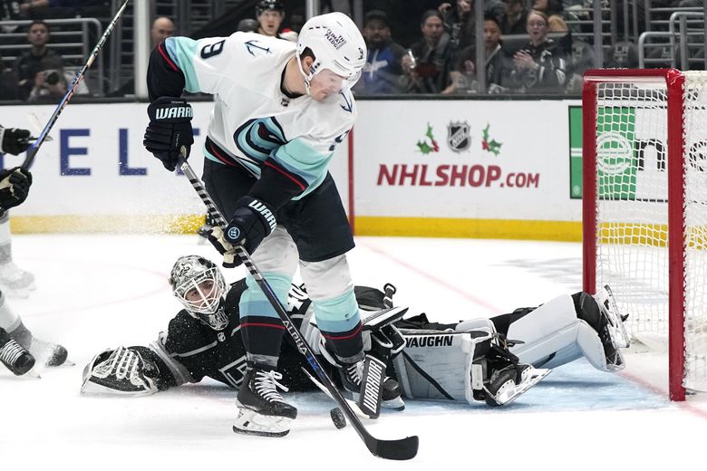 Seattle Kraken center Ryan Donato, top, tries to score on Los Angeles Kings goaltender Cal Petersen during the third period of an NHL hockey game Tuesday, Nov. 29, 2022, in Los Angeles. (AP Photo/Mark J. Terrill) (Mark J. Terrill / AP)