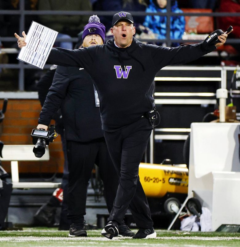 Washington head coach Kalen DeBoer loses it after a delay of game penalty on the defense gives the Cougars a first down in the final minutes as the Washington Huskies play the Washington State Cougars in Pac-12 Football Saturday, November 26, 2022 at Martin Stadium, in Pullman, WA. (Dean Rutz / The Seattle Times)