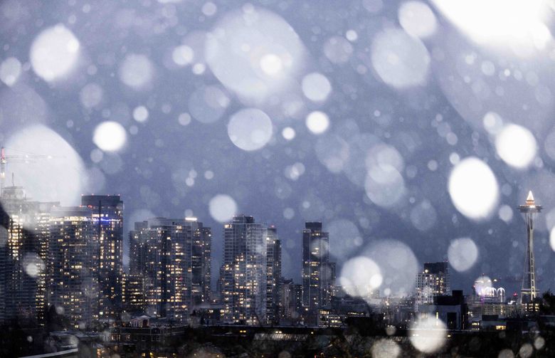 Snow falls over Seattle on Tuesday, Nov. 29, 2022.  (Daniel Kim / The Seattle Times)