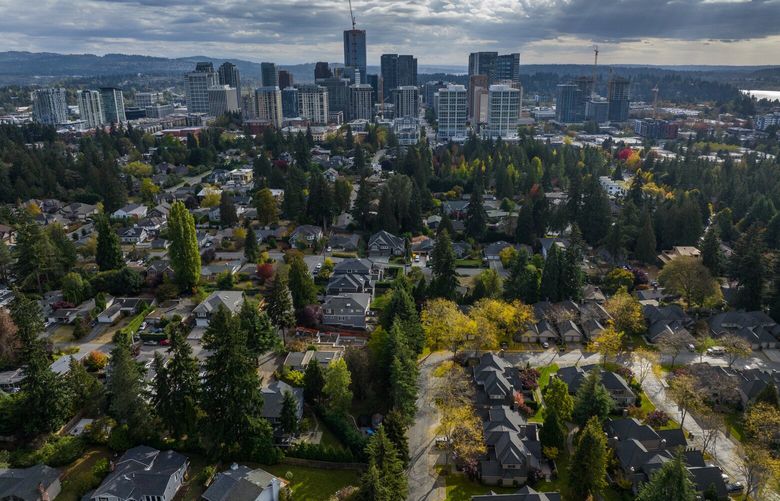 Single family homes north of downtown Bellevue are seen from the air, Thursday, Oct. 27, 2022. This is an overall photo not representing any particular census tract for the FYI Guy’s look at Bellevue and differences between its neighborhoods along five demographic data points.