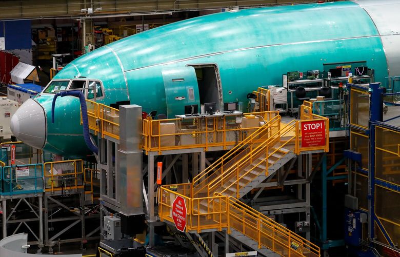 Boeing Everett Factory – 747, 777 and 787 aircraft under construction – 061522
Stairs lead up to the front fuselage section of a 777 freighter at Boeing’s Everett Production Facility Wednesday, June 15, 2022 in Everett, Wash. 220679