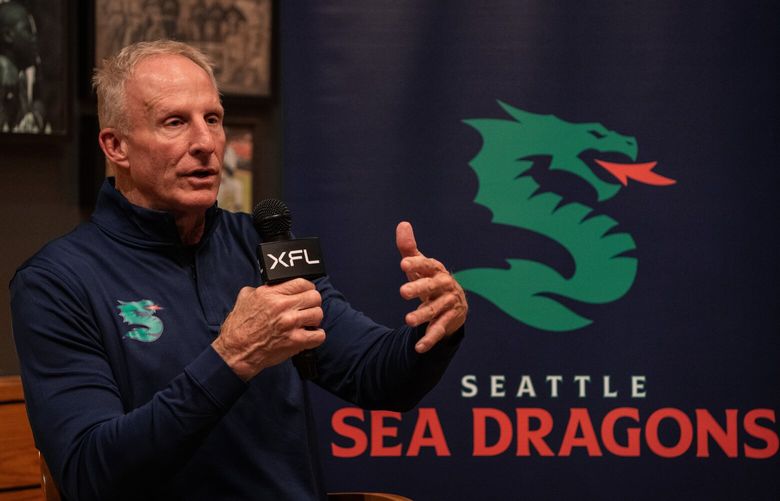 Sea Dragons Coach Jim Haslett discusses the upcoming season during a town hall with fans at Hatback Bar & Grill on Wednesday, Nov. 9, 2022.