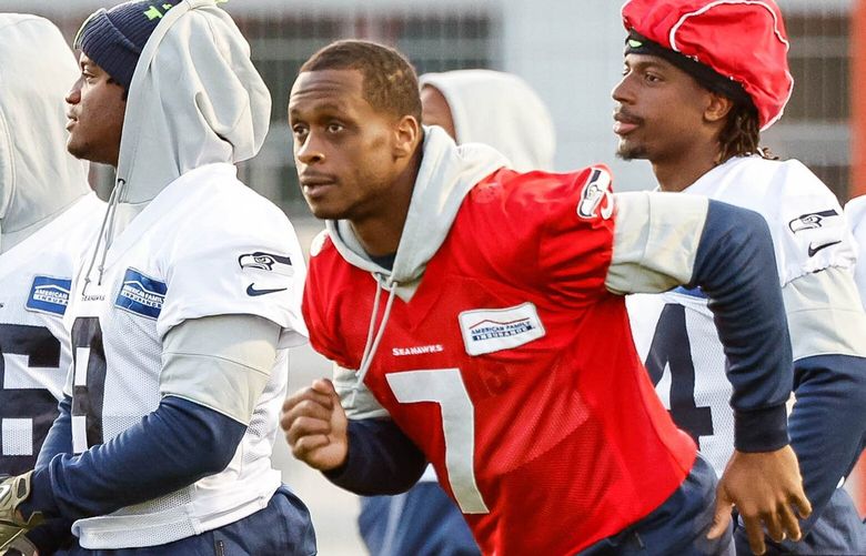 Geno Smith and Drew Lock work out with the Seahawks after they arrived in Germany for this Sunday’s game against Tampa Bay. 222159