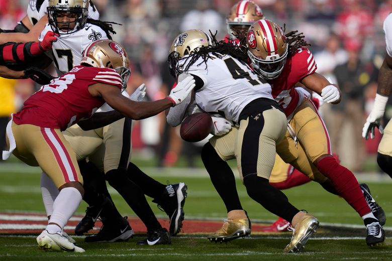 49ers SS Talanoa Hufanga forces Alvin Kamara fumble