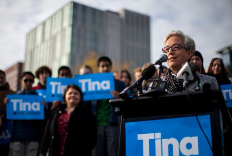 Democratic gubernatorial candidate for Oregon governor Tina Kotek holds a press conference in Tom McCall Waterfront Park in downtown Portland, Oregon, on Thursday, Nov. 10. (Dave Killen / The Oregonian via AP)