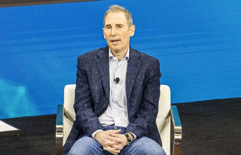Andy Jassy, Amazon’s chief executive, at right, speaks with Andrew Ross Sorkin at The New York Times’ DealBook Summit 2022 at Jazz At Lincoln Center in Manhattan on Wednesday, Nov. 30, 2022. Jassy said uncertainty in the economy led him and top management at Amazon to make the tough decision to lay off corporate and technology workers, his first public comments since Amazon began notifying what could end up being 10,000 employees who are losing their jobs. (Hiroko Masuike/The New York Times) XNYT120