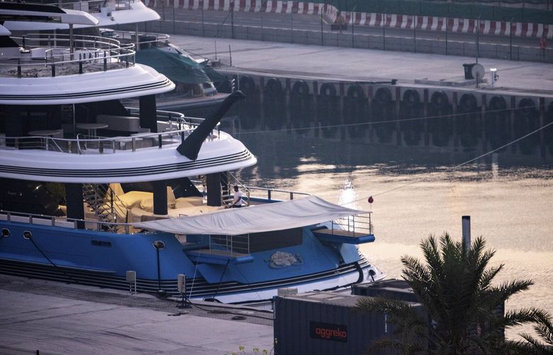 An Aggreko generator set, right, at the Madame Gu, a superyacht linked to Russian billionaire and lawmaker Andrei Skoch, docked at the Mina Rashid Marina in Dubai, Nov. 2, 2022. The U.S. Justice Department is taking steps to seize the Madame Gu, a 324-foot luxury yacht, but it will be diplomatically thorny. (Katarina Premfors/The New York Times) XNYT40 XNYT40